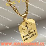 Cadena +placa Alergias, grabado láser, acero 316L chapado oro 18k
