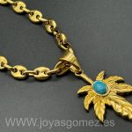 Colgante hoja María piedra turquesa-cadena calabrotes 6*60cm, acero 316L chapado oro 18k