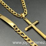 Cadena eslabones 7mm*60cm+ esclava + cruz lisa, acero 316L chapado oro 18k