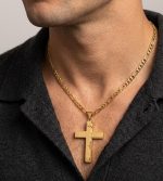 Cadena 4*60cm y cruz inscripción padre nuestro, acero 316L chapado oro 18k