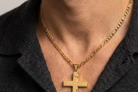 Cadena 4*60cm y cruz inscripción padre nuestro, acero 316L chapado oro 18k