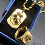 Conjunto de tu equipo, placa, cordón y sello tallas 16-18-20-22-24-26-28-30-, grabado láser, acero 316L chapado oro 18k