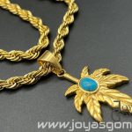 Cordón 6*60cm+ colgante hoja María piedra turquesa, acero 316L chapado  oro 18k
