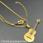 Conjunto cadena+pulsera+colgante guitarra(niño) acero 316 l chapado oro 18k