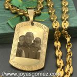 Colgante Placa greca grande+cadena cafe, foto grabación láser, acero 316L chapado oro 18k