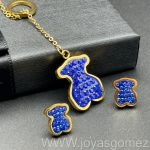 Conjunto ositos circonitas azul, acero 316L chapado oro 18k