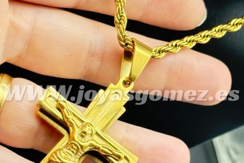 Crucifijo relieve +cordón 4 mm*60cm,acero 316 l chapado oro 18k