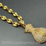 Colgante saquito dólar+cadena calabrotes 6*60cm, acero 316L chapado oro 18k