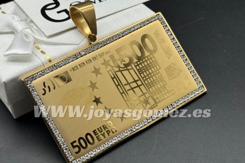 Colgante billete circonitas 500 extra grande, acero 316 L chapado oro 18k