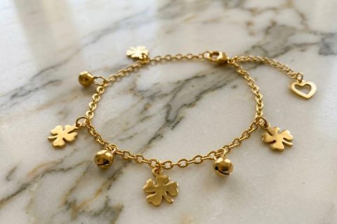 Pulsera trébol de la suerte acero 316 l chapado oro 18 k-