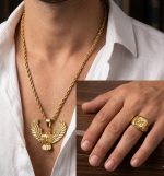 Conjunto cordón 4mm*60cm,colgante águila y sello acero 316L chapado oro 18k