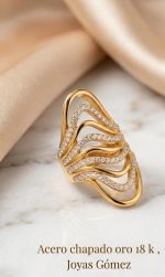 Anillo mujer lanzadera circonitas, tallas 16-18 acero 316L chapado oro 18k-liquidación-