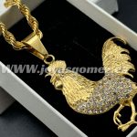 Colgante gallo con circonitas+cordón 4*60cm, acero 316L, chapado oro 18k