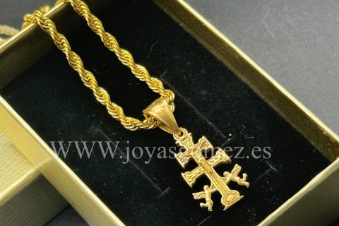 Cordón 3mm*60cm -cruz caravaca 2.5 cm -acero 316L chapado oro 18k
