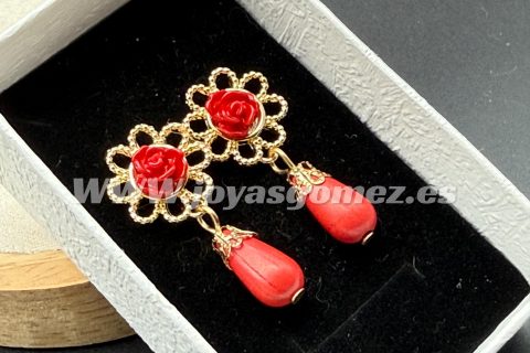 Corales rojos flor 3.5 cm, acero 316L chapado oro 18k