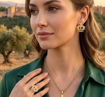 Conjunto QUEEN,acero 316L chapado oro 18k