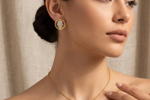 Conjunto mano de Fátima, acero 316L chapado oro 18k