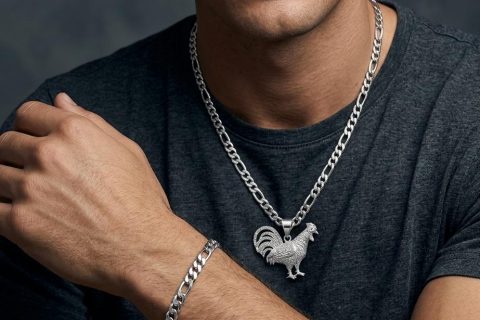 Cadena y pulsera 7mm+ colgante gallo circonitas ,acero 316L- PROMOCIÓN-