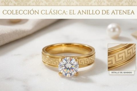 Solitario greca mujer talla 20, acero 316 L chapado oro 18k
