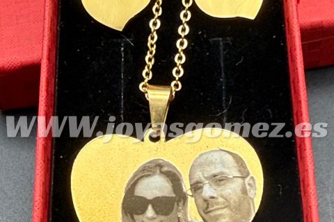 Colgante Corazón 29*35-cadena 2.2*50cm- foto grabación personalizada láser, acero 316L chapado oro 18k