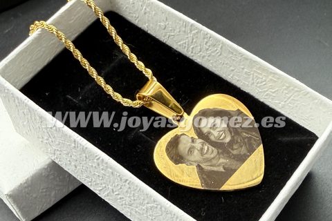 Colgante Corazón 29*29-cordón 2*60- foto grabación personalizada láser, acero 316L chapado oro 18k