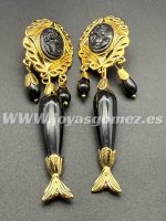 Corales pescaito-camafeo negro 8.5cm, acero 316L chapado oro 18k