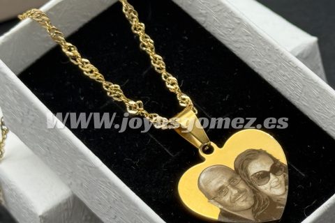 Colgante Corazón 25mm-cadena 2*50 cm- foto grabación personalizada láser, acero 316L chapado oro 18k
