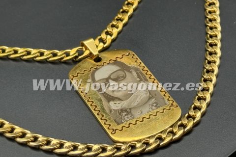 PLACA 48*28mm+Cadena 6mm*60cm y pulsera 6mm*19 cm foto grabación personalizada laser, acero 316L chapado oro 18k-OFERTA
