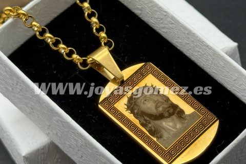 Colgante PLACA marco greca 36*22mm+cadena rolo 4*60cm- foto grabación personalizada láser, acero 316L chapado oro 18k