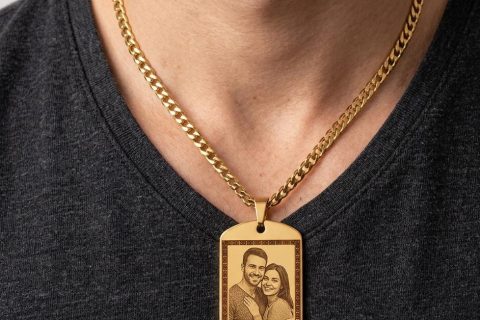 Colgante PLACA 48*28mm+cadena cubana 4*60cm- foto grabación personalizada láser, acero 316L, chapado oro 18k