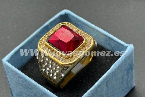 Sello piedra roja con circonitas, talla 22, acero 316L chapado oro 18k