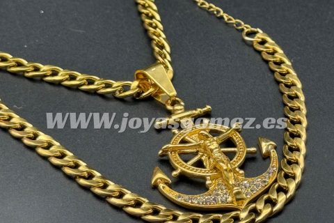 Conjunto cadena+pulsera+colgante ancla cristo, acero 316 l chapado oro 18k