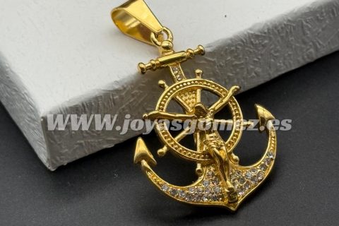 Colgante ancla con cristo (circonitas), acero 316L chapado oro 18k