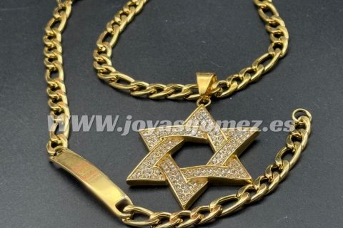 Conjunto cadena+esclava+estrella de David con circonitas, acero 316 l chapado oro 18k