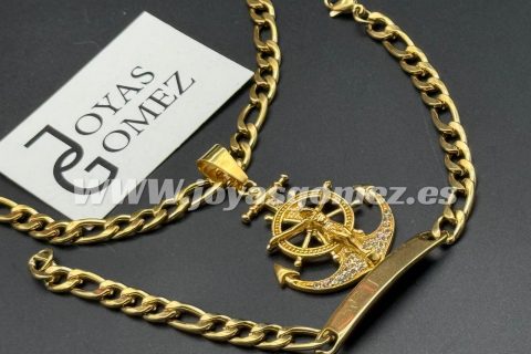 Conjunto cadena+esclava+colgante ancla cristo, acero 316 l chapado oro 18k