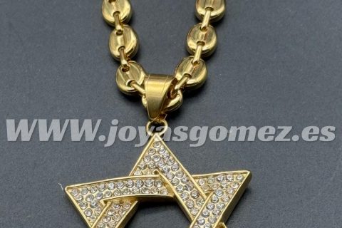 Cadena café 6mm*60cm- colgante estrella de David con circonitas, acero 316 L chapado oro 18k