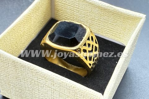 Sello piedra negra, tallas 24-26,acero 316L chapado oro18k