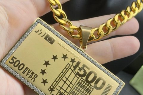 Colgante billete 500-cadena 9*60cm, acero 316 L chapado oro 18k