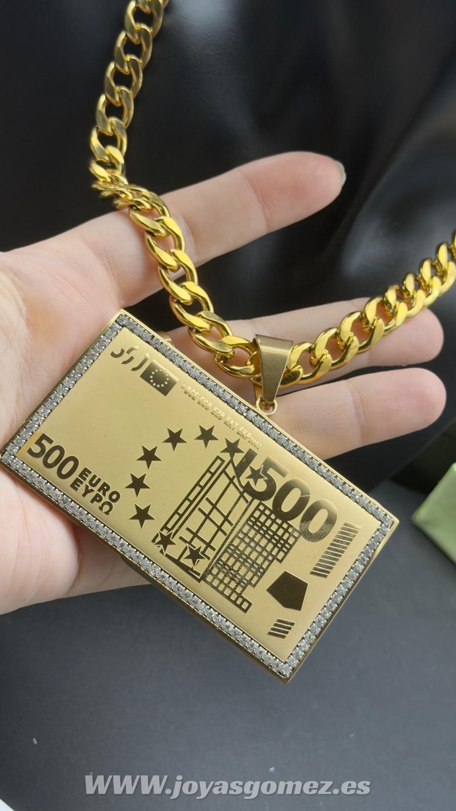 WhatsApp Image 2026-01-21 at 09.32.01 (1) Colgante billete 500-cadena 9*60cm, acero 316 L chapado oro 18k - Imagen 1