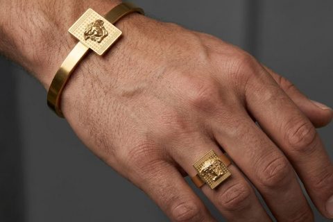 Pulsera - anillo ajustable medusa greca cuadrado-acero 316L chapado oro 18k