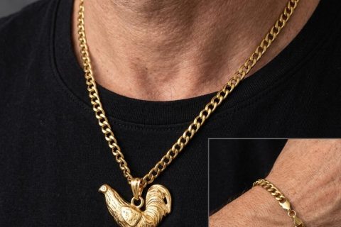 Conjunto cadena -pulsera +gallo, acero 316L chapado oro 18k