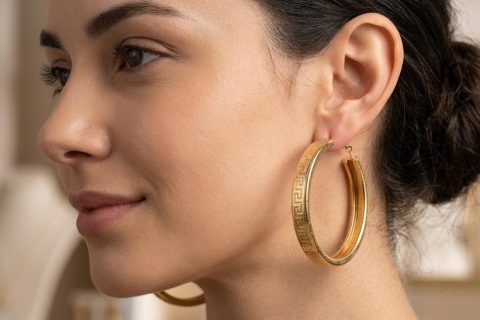 Aros anchos greca 5.5 cm, acero 316L chapado oro 18k