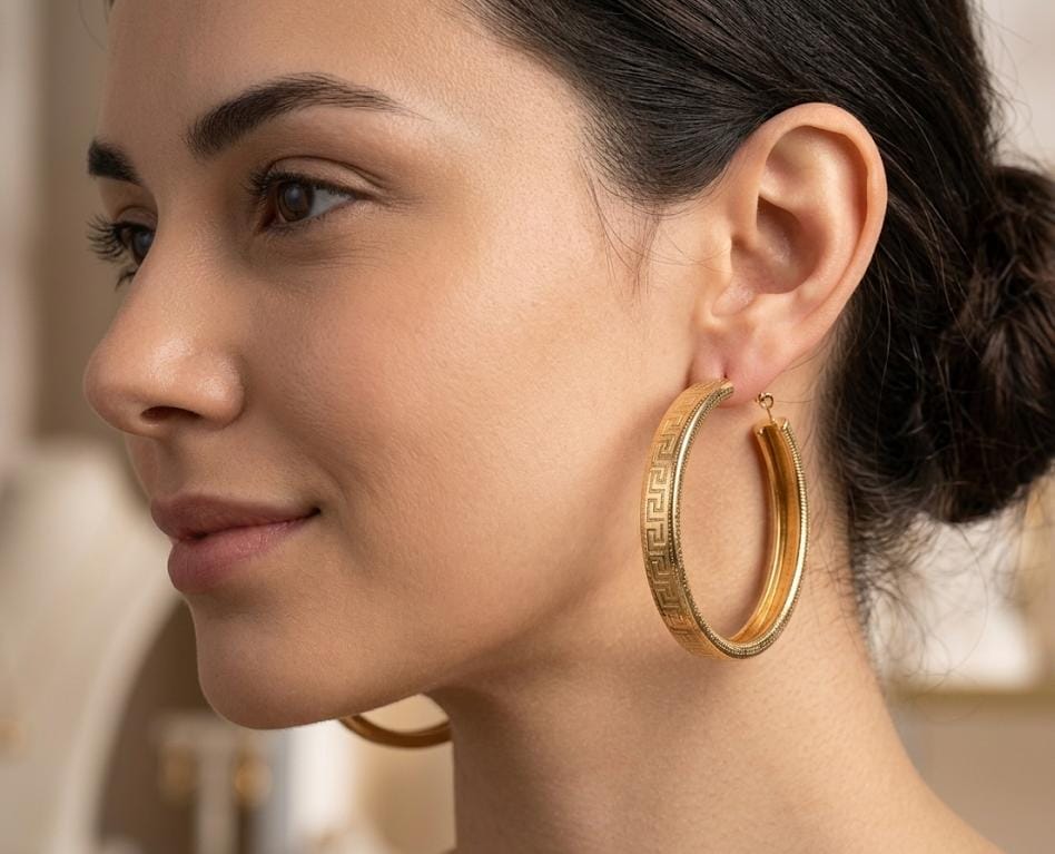 WhatsApp Image 2026-08-11 at 10.17.46 Aros anchos greca 5.5 cm, acero 316L chapado oro 18k - Imagen 1