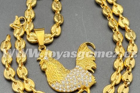 Cadena café 6*60 cm+Colgante gallo circonitas, acero 316L chapado oro 18k