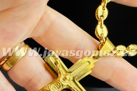 Cadena café 6*60 cm+Crucifijo relieve, acero 316L chapado oro 18k