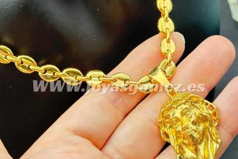 Cadena café 6*60 cm+rostro cristo, acero 316L chapado oro 18k