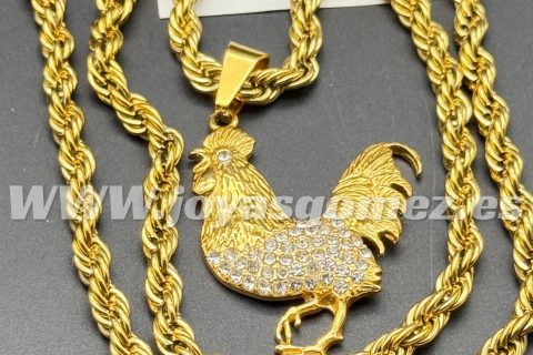 Colgante gallo circonitas+cordón 6*60cm- acero 316 L chapado oro 18k