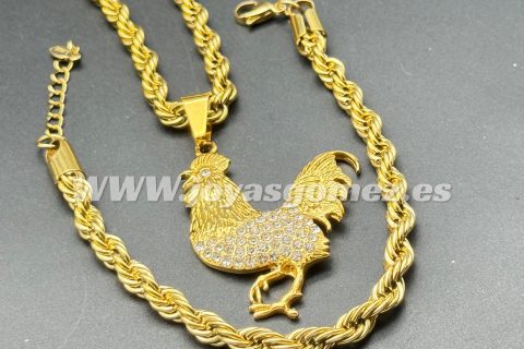 Cordón-pulsera 6 mm+Colgante gallo circonitas, acero 316L chapado oro 18k