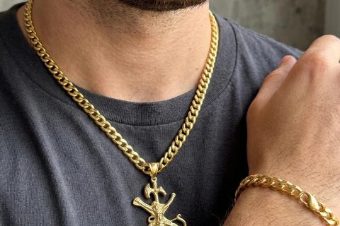 Conjunto de cadena y pulsera 6mm+Colgante Legión Española, acero 316L chapado oro 18k