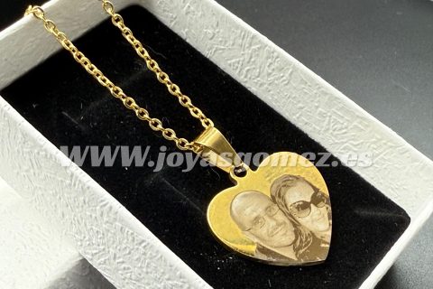 Colgante corazón 25mm-cadena 2*45 cm- foto grabación personalizada láser, acero 316L chapado oro 18k
